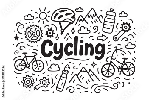 Cycling doodle with bicycles, mountains, and gear elements in black and white. Vector doodle illustration