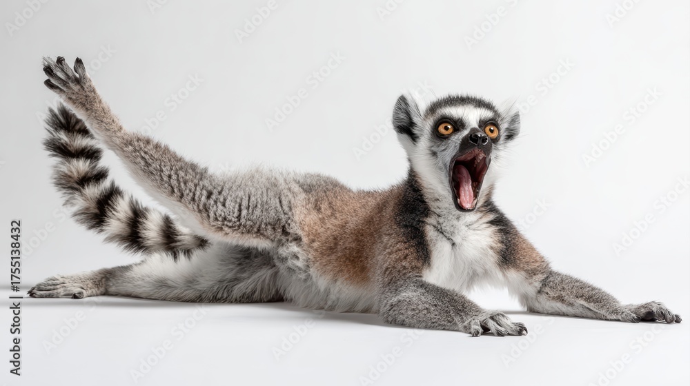 Fototapeta premium Playful Lemur on White Background Vibrant, Engaging Stock Image Ideal for Social Media and Creative Projects, Evoking Joy and Energy.