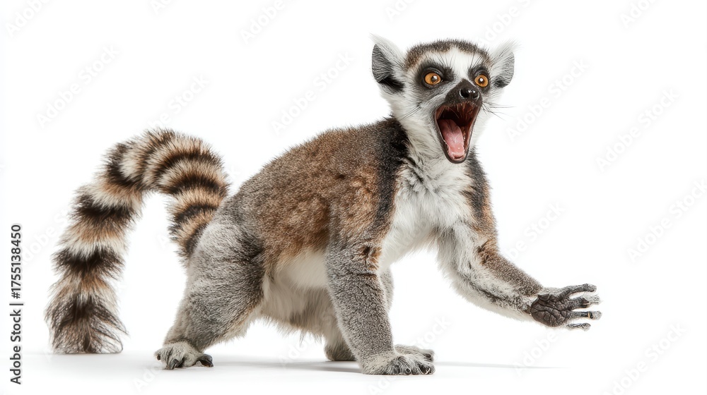Naklejka premium Playful Lemur Showcasing Expressive Gestures on a White Backdrop Ideal for Vibrant Marketing Campaigns, Enhancing Energy and Joy.