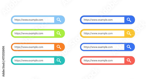 Collection of colorful search bars with magnifying glass icons and example URLs for web design inspiration