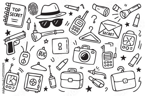 Doodle icons of spy gadgets and secret agent tools with notebooks and envelopes. Vector doodle illustration
