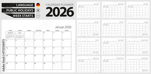 German calendar planner for 2026. German language, week starts from Monday.