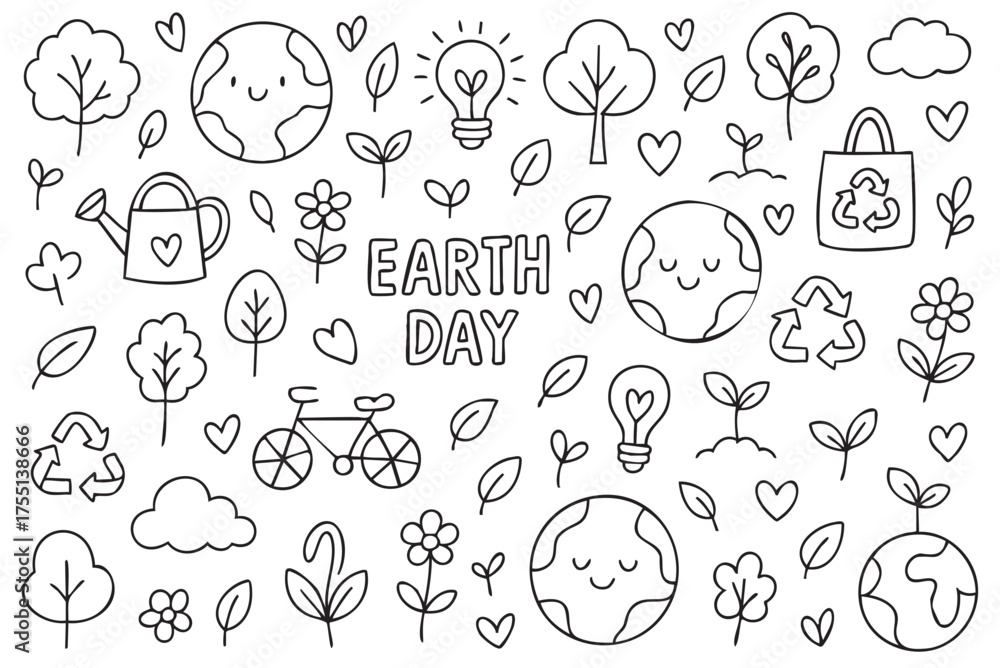 Fototapeta premium Earth day eco-friendly doodle with trees, flowers, and recycling symbols. Vector doodle illustration