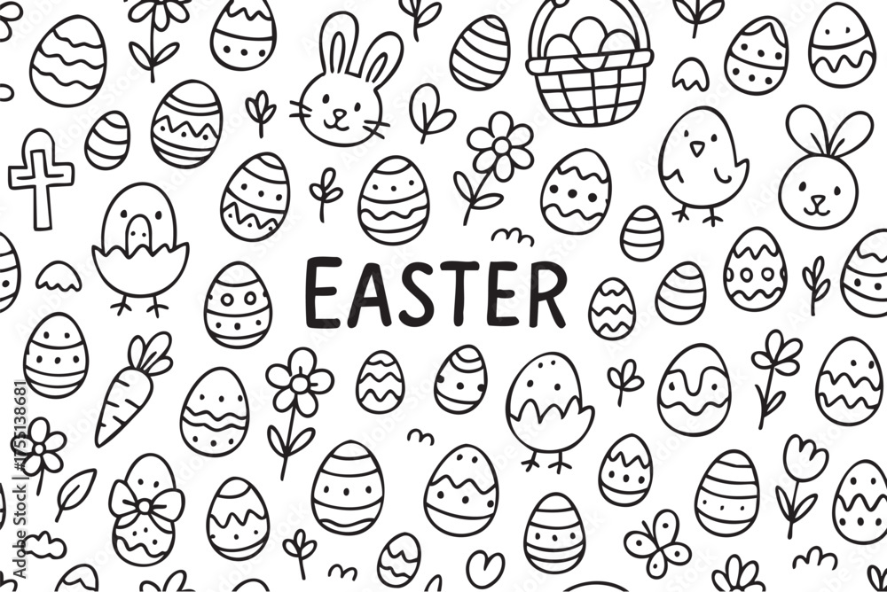 Fototapeta premium Easter doodle pattern with eggs, bunnies, chicks, and flowers for celebrations. Vector doodle illustration