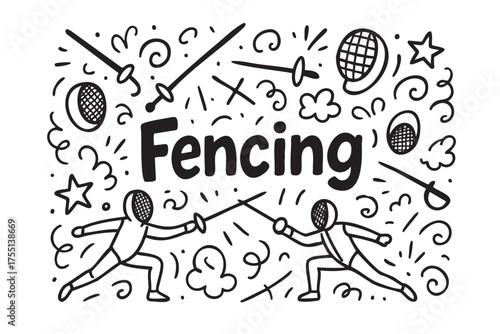 Dynamic fencing illustration: energetic duel with swords and masks. Vector doodle illustration