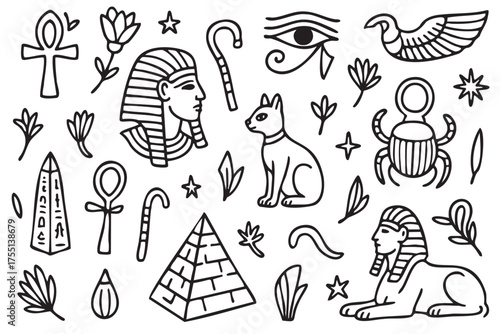 Egyptian symbols and icons including sphinx, pyramid, and pharaoh. Vector doodle illustration