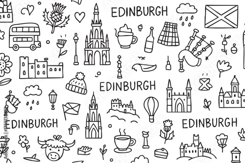 Edinburgh doodle pattern with iconic symbols of scottish culture and landmarks. Vector doodle illustration