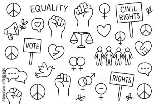 Equality and civil rights symbols: peace, justice, and inclusion icons for social change. Vector doodle illustration