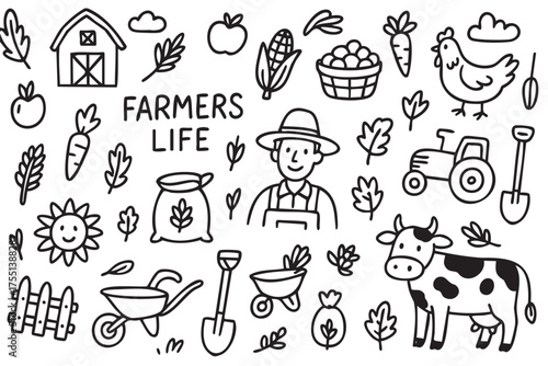 Farmer life doodles: man, crops, animals, tools, farm elements. Vector doodle illustration