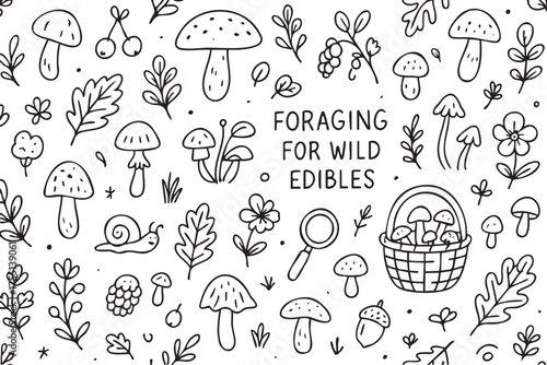 Foraging for wild edibles: mushrooms, berries, leaves, snail, basket, nature illustration. Vector doodle illustration