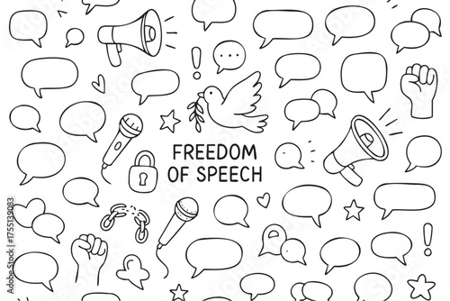 Freedom of speech concept with microphones, dove, and speech bubbles. Vector doodle illustration