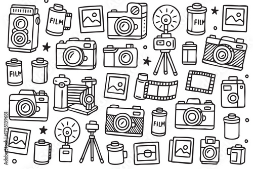 Hand-drawn retro cameras and film patterns with tripods and photography equipment. Vector doodle illustration