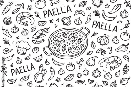 Hand-drawn paella pattern with seafood and vegetables. Vector doodle illustration