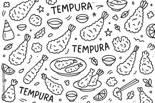 Hand-drawn tempura pattern with shrimp, dipping sauce, and lemon slices in black and white. Vector doodle illustration