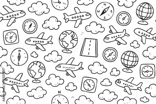 Hand-drawn travel elements with airplanes, globes, and compasses in black and white pattern. Vector doodle illustration
