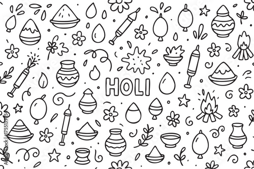 Holi festival doodle: celebration symbols, flowers, and traditional elements. Vector doodle illustration