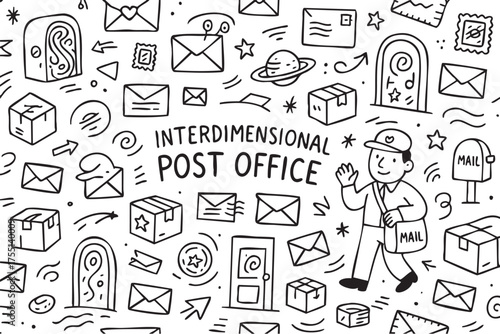 Interdimensional post office design with cartoon mailman and cosmic elements. Vector doodle illustration