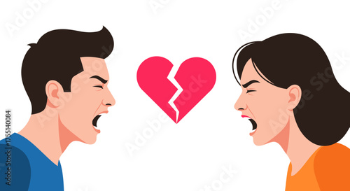 Couple Expressing Frustration And Anger In A Relationship With A Broken Heart Symbol Separating Them Symbolizing Conflict And Disagreement