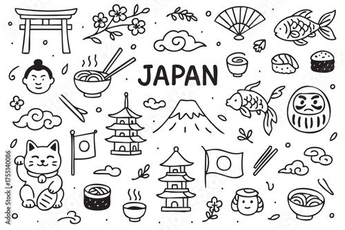 Japanese culture doodles: icons of tradition, cuisine, and nature in black and white. Vector doodle illustration