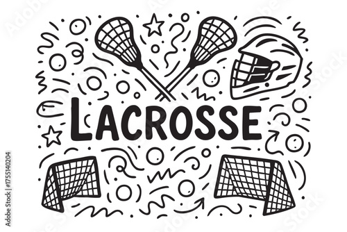 Lacrosse equipment doodle with sticks, helmets, and goals in black and white pattern. Vector doodle illustration