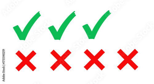 Three Green Checkmarks Above Four Red Crosses Demonstrating Correct and Incorrect Choices or Selections