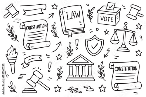Legal symbols hand-drawn doodle with constitution, law book, vote box, and justice scale. Vector doodle illustration