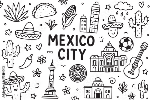 Mexico city icons: culture, traditions, and architecture in black and white line art. Vector doodle illustration