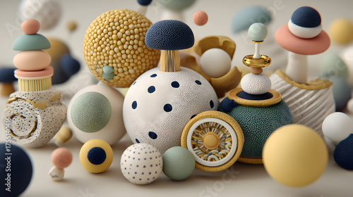 A captivating array abstract, textured, colorful geometric-organic forms arranged playfully a clean background, conveying a modern serene aesthetic.