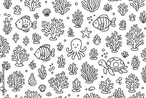 Monochrome marine life pattern with fish, turtle, and octopus featuring coral and seashells. Vector doodle illustration