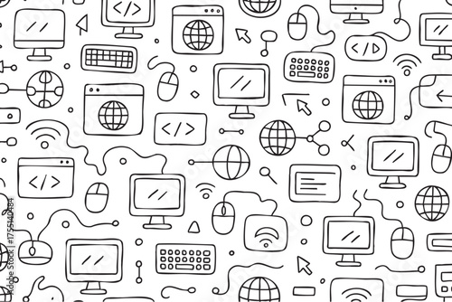 Monochrome seamless pattern of computer icons, monitors, and coding symbols. Vector doodle illustration