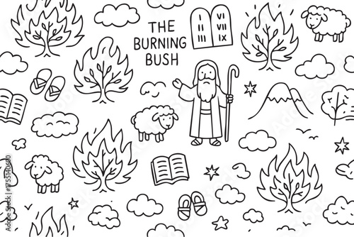 Moses and the burning bush doodle with bible, sheep, ten commandments. Vector doodle illustration