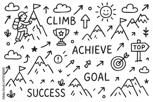Motivational adventure doodle with mountains, arrows, and success icons in black and white. Vector doodle illustration