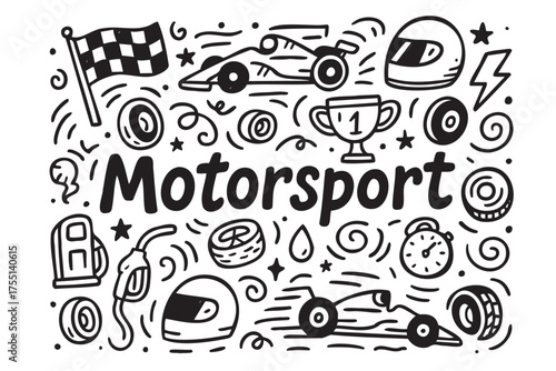 Motorsport elements: race cars, helmets, checkered flag, fuel pump, and trophy. Vector doodle illustration