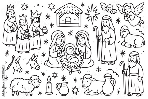 Nativity scene with characters and animals in black and white line art style. Vector doodle illustration