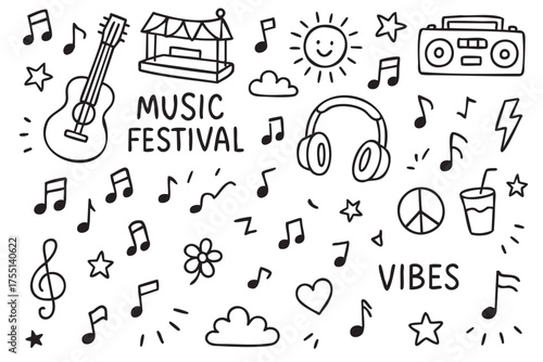 Music festival doodles: guitar, headphones, and festival icons for vibrant vibes. Vector doodle illustration