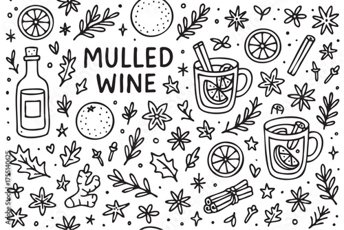 Mulled wine design with spices, citrus, and herbs in black and white. Vector doodle illustration