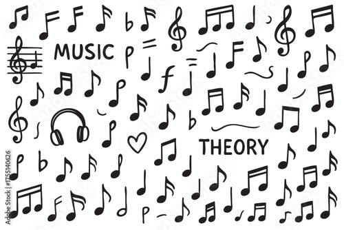 Music theory symbols and notes with headphones on white background. Vector doodle illustration