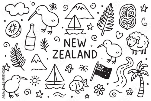 New zealand doodles: kiwi, flag, maori mask, nature symbols, animals, and flora. Vector doodle illustration