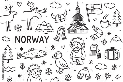 Norway travel doodles: wildlife, landmarks, and symbols in black and white design. Vector doodle illustration