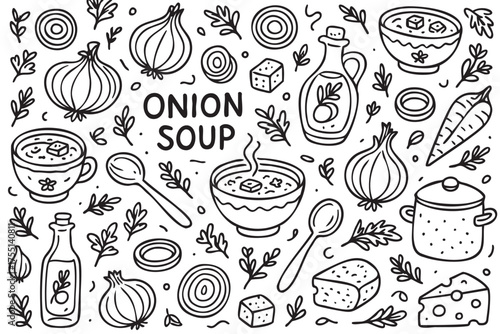 Onion soup ingredients and elements doodle drawing. Vector doodle illustration
