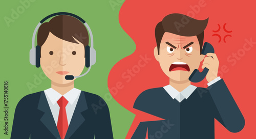Customer Service Representative Facing an Angry Customer During a Difficult Phone Call Conversation Illustration