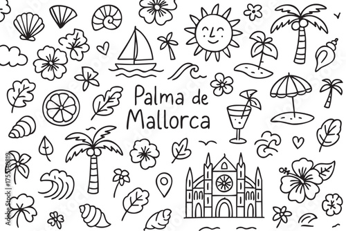 Palma de mallorca doodle: sun, flowers, cathedral, sailing, tropical elements. Vector doodle illustration