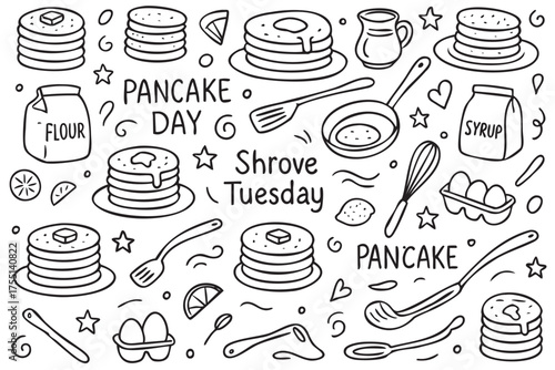 Pancake day doodle with pancakes, syrup, and cooking utensils for shrove tuesday celebration. Vector doodle illustration