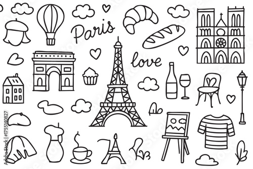 Paris doodle: eiffel tower, arc de triomphe, croissant, parisian icons, love theme. Vector doodle illustration