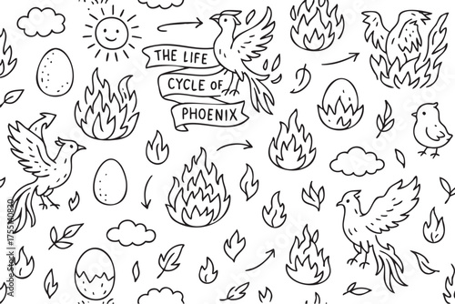 Phoenix life cycle: mythical bird rebirth with eggs, flames, and transformation symbols. Vector doodle illustration