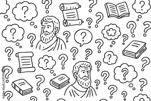 Philosophers with question marks, scrolls, books, and thought bubbles line drawing. Vector doodle illustration