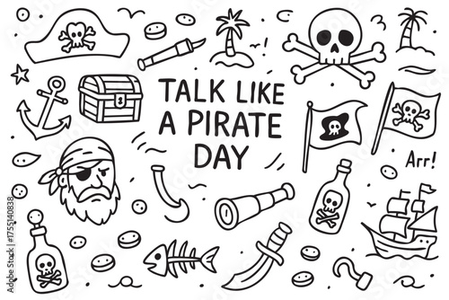 Pirate icons and symbols for talk like a pirate day celebration. Vector doodle illustration