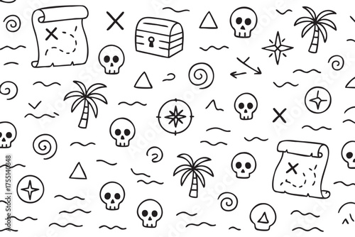 Pirate treasure map pattern with skulls, palms, and maps on white background. Vector doodle illustration