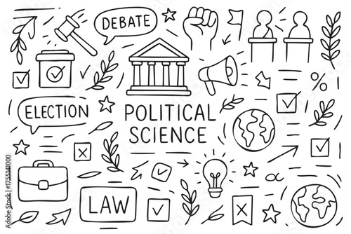 Political science icons: debate, law, elections, and government symbols doodle set. Vector doodle illustration