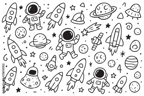 Playful space adventure with rocket ships, astronauts, and planets doodles. Vector doodle illustration